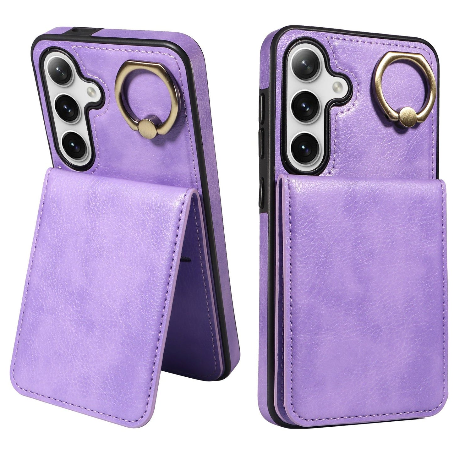 004 For Samsung Galaxy S24 Case Magnetic PU Leather+TPU Litchi Texture Phone Shell with Ring Holder - Light Purple - UNIQKART