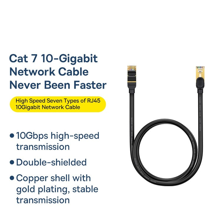BASEUS High Speed Cat7 RJ45 10 Gigabit Network Cable Computer LAN Ethernet Connection Cord (Round Cable), 1m - Black