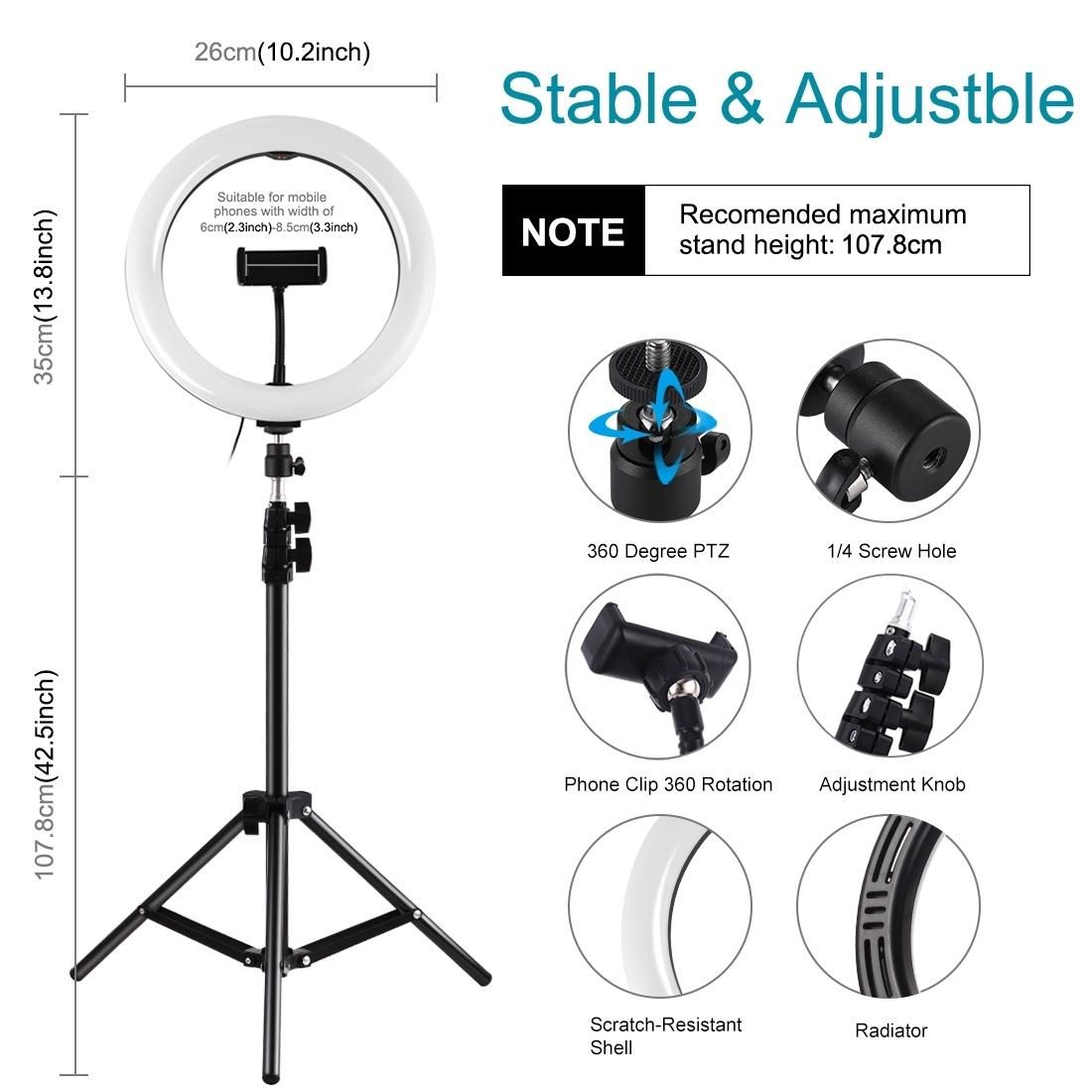 PULUZ 1.1m Tripod Mount + 10 inch 26cm LED Ring Vlogging Video Light Live Broadcast Kits