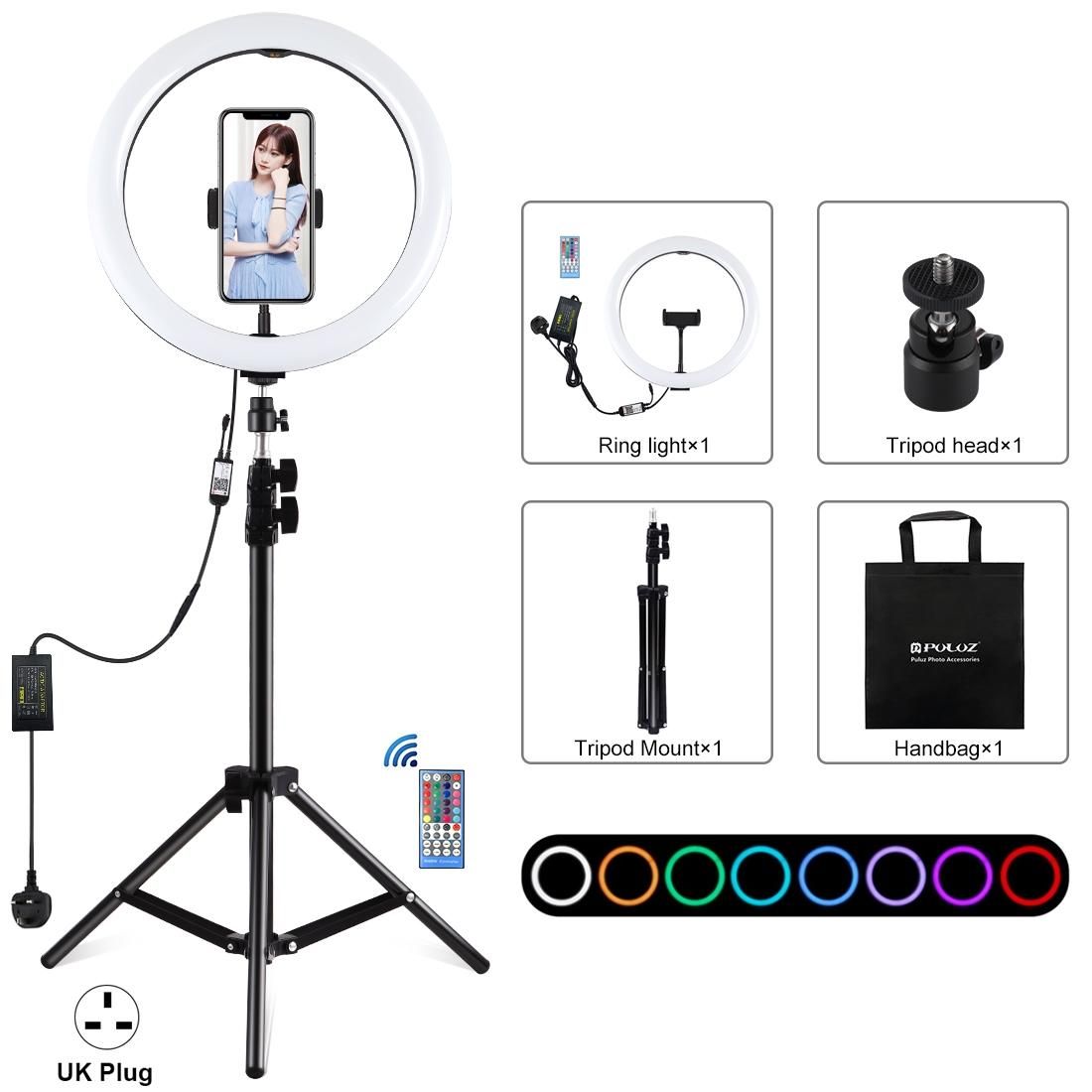 PULUZ 12 inch RGB Light 1.1m Tripod Mount Dimmable LED Ring Vlogging Selfie Photography Video Lights Live Broadcast Kits with Cold Shoe Tripod Ball Head & Phone Clamp (UK Plug)