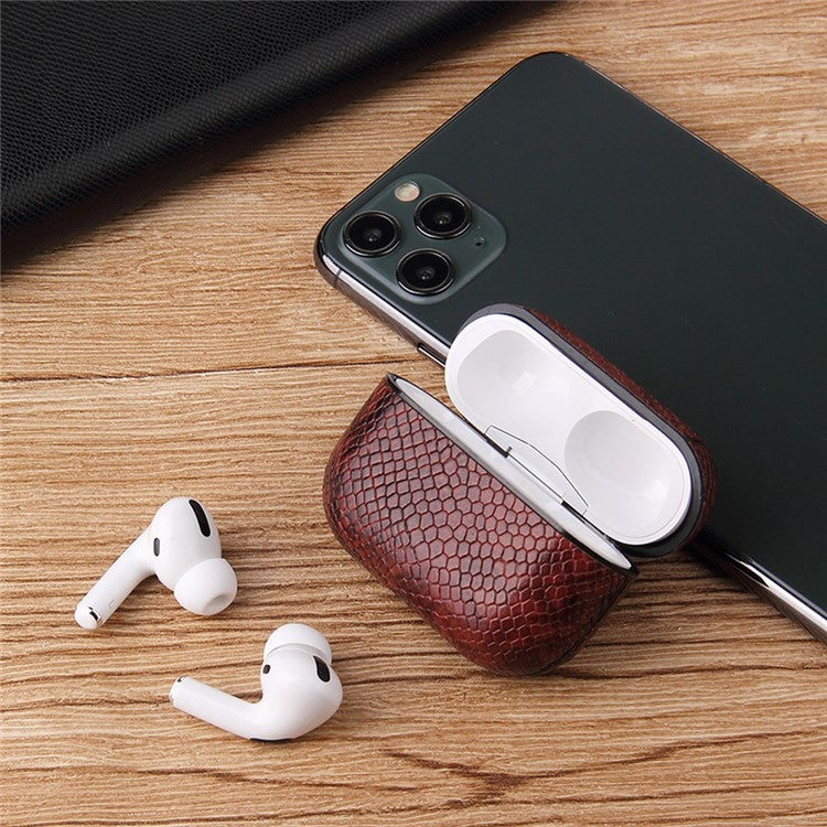 Pure Color Snake Texture Leather Cover with Hook for Apple AirPods Pro - Silver