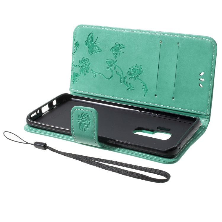 Imprinted Butterfly Flower PU Leather Wallet Case for Samsung Galaxy S9+ G965 - Cyan