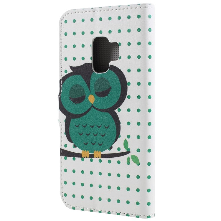 Pattern Printing PU Leather Magnetic Wallet Stand Protective Mobile Phone Cover for Samsung Galaxy S9 - Sleeping Owl