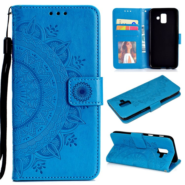 Imprint Mandala Flower Leather Wallet Mobile Phone Case for Samsung Galaxy A6 (2018) - Blue