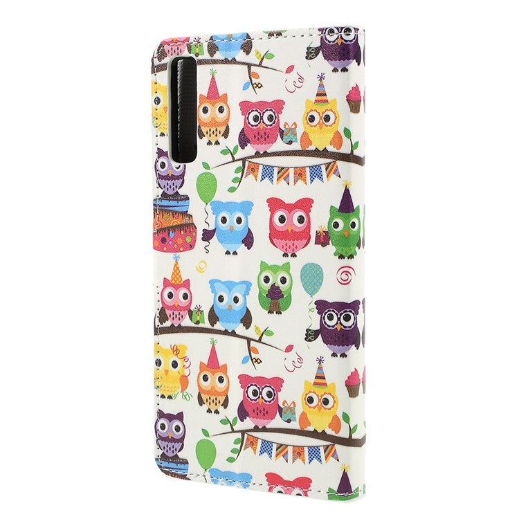 Pattern Printing PU Leather Magnetic Wallet Stand Protective Cover for Samsung Galaxy A7 (2018) - Owl Family