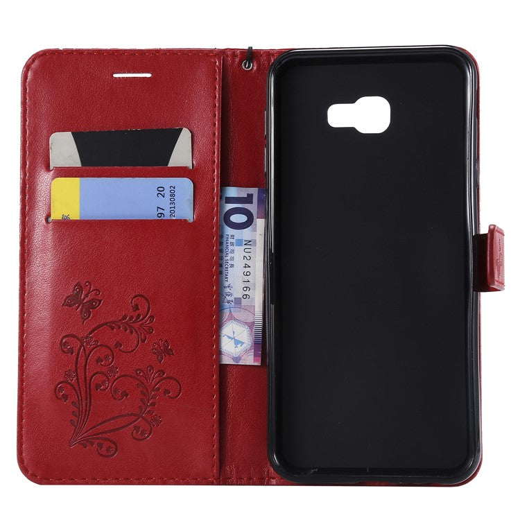 KT Imprinting Flower Series-2 Imprinted Butterfly Wallet Leather Cell Phone Case for Samsung Galaxy J4+ J415/J4 Prime - Red