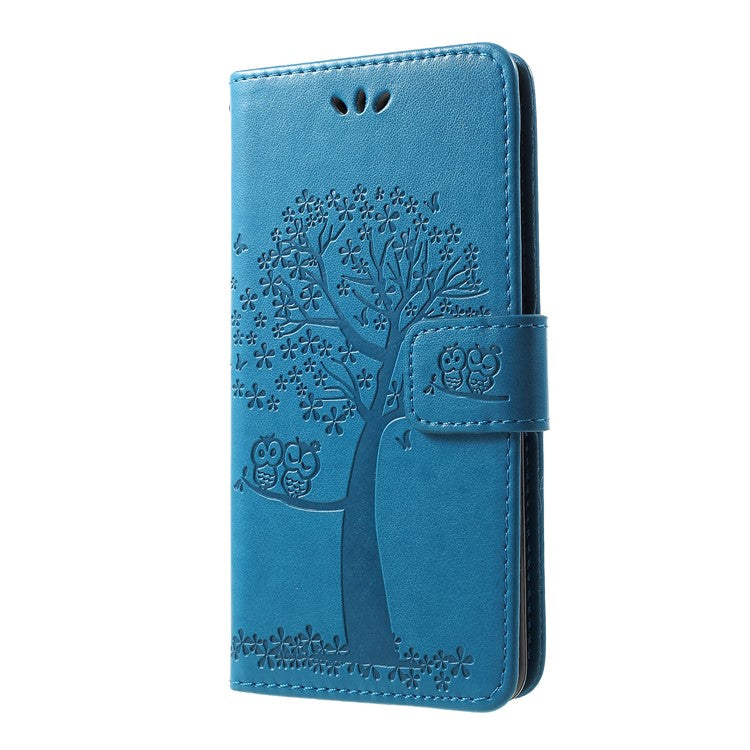 Imprint Tree Owl Pattern PU Leather Stand Cell Phone Case for Samsung Galaxy S10 - Blue