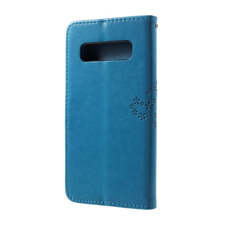 Imprint Tree Owl Pattern PU Leather Stand Cell Phone Case for Samsung Galaxy S10 - Blue