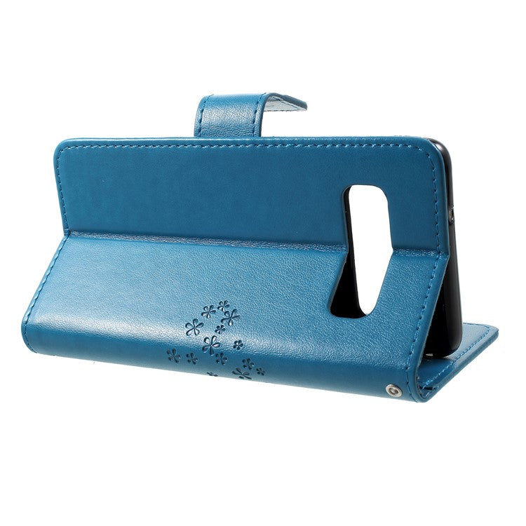 Imprint Tree Owl Pattern PU Leather Stand Cell Phone Case for Samsung Galaxy S10 - Blue