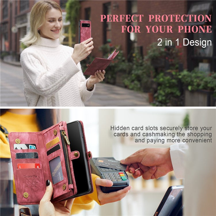 CASEME 008 Series for Samsung Galaxy S10 PU Leather Zipper Pocket Sand Cover Detachable 2-in-1 Magnetic Wallet Phone Case - Red