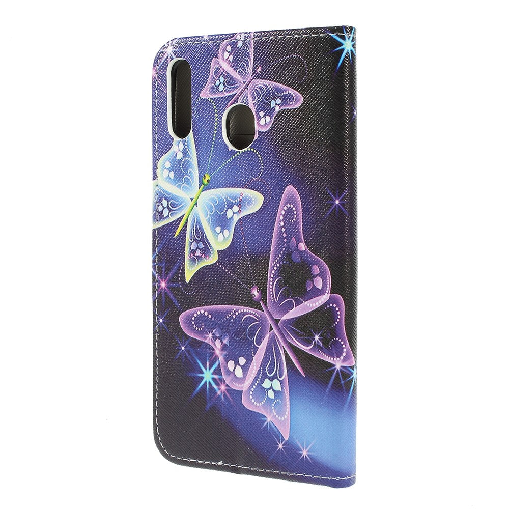 For Samsung Galaxy M20 Cross Texture Patterned Leather Wallet Cover - Beautiful Butterfly