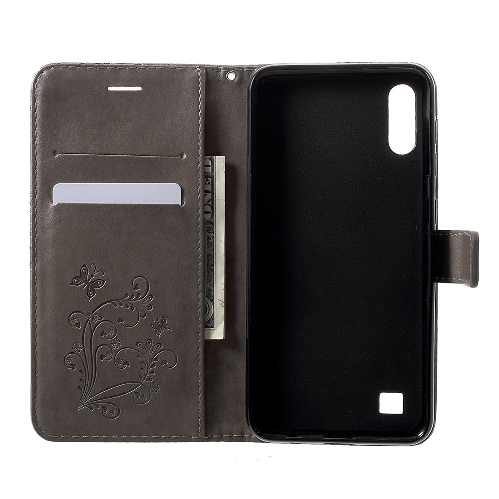 For Samsung Galaxy M10 / A10 Wallet Case Floral Butterfly Imprinted Leather Phone Cover Stand - Grey