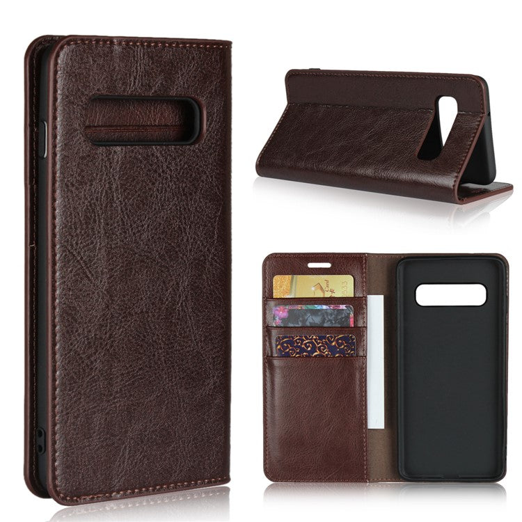 Crazy Horse Genuine Leather Wallet Stand Phone Shell for Samsung Galaxy S10 - Coffee