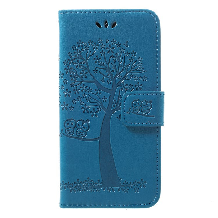 Imprint Tree Owl Leather Wallet Case for Samsung Galaxy A40 - Blue