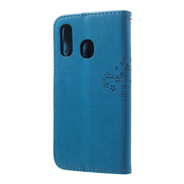 Imprint Tree Owl Leather Wallet Case for Samsung Galaxy A40 - Blue