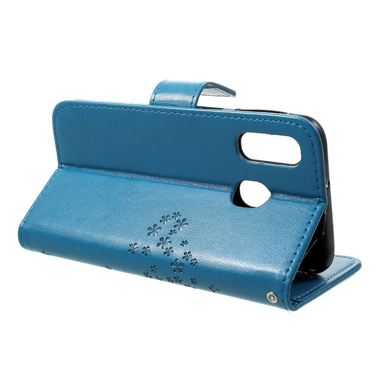 Imprint Tree Owl Leather Wallet Case for Samsung Galaxy A40 - Blue