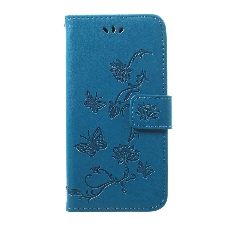 Imprint Butterfly Flower Stand Wallet Leather Shell Case for Samsung Galaxy A40 - Blue
