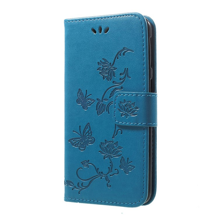 Imprint Butterfly Flower Stand Wallet Leather Shell Case for Samsung Galaxy A40 - Blue