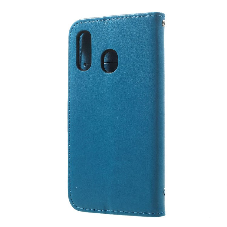 Imprint Butterfly Flower Stand Wallet Leather Shell Case for Samsung Galaxy A40 - Blue