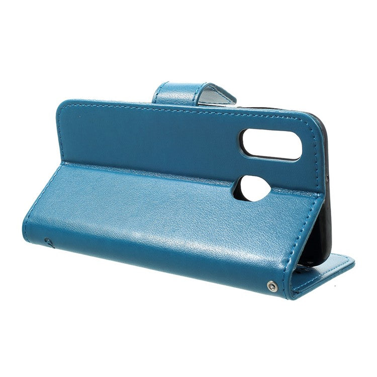 Imprint Butterfly Flower Stand Wallet Leather Shell Case for Samsung Galaxy A40 - Blue