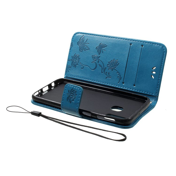 Imprint Butterfly Flower Stand Wallet Leather Shell Case for Samsung Galaxy A40 - Blue