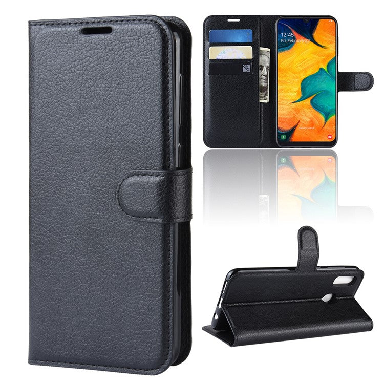 Litchi Skin PU Leather Wallet Stand Mobile Casing for Samsung Galaxy A30 / A20 - Black
