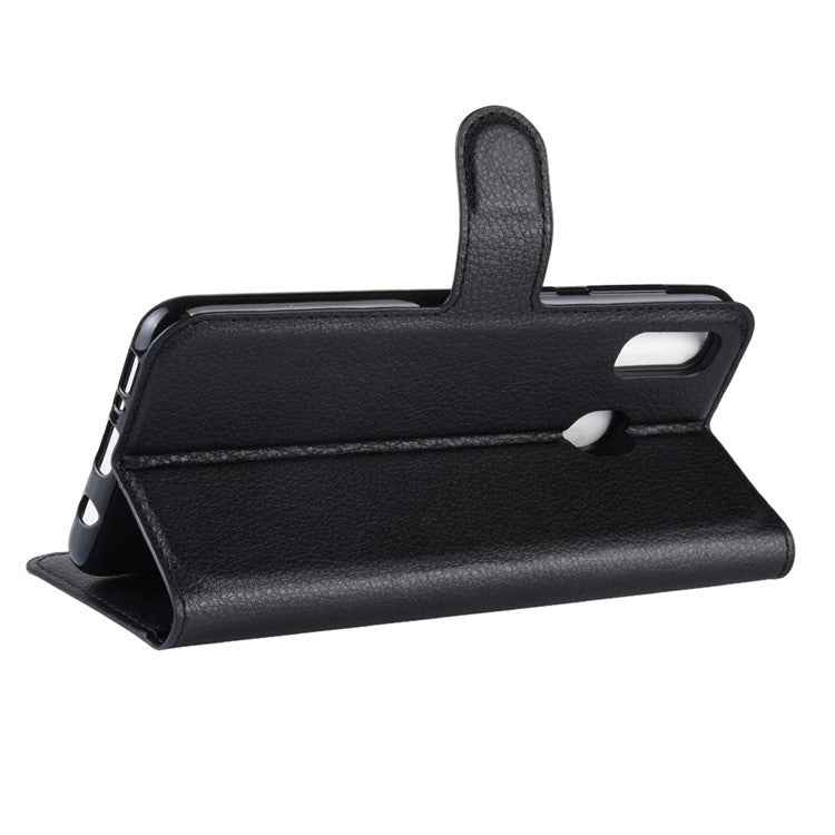 Litchi Skin PU Leather Wallet Stand Mobile Casing for Samsung Galaxy A30 / A20 - Black