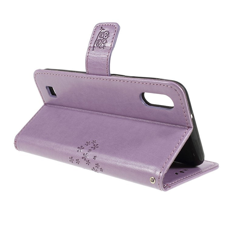 Imprint Tree Owl Magnetic Wallet PU Leather Cover with Stand for Samsung Galaxy A10 - Light Purple