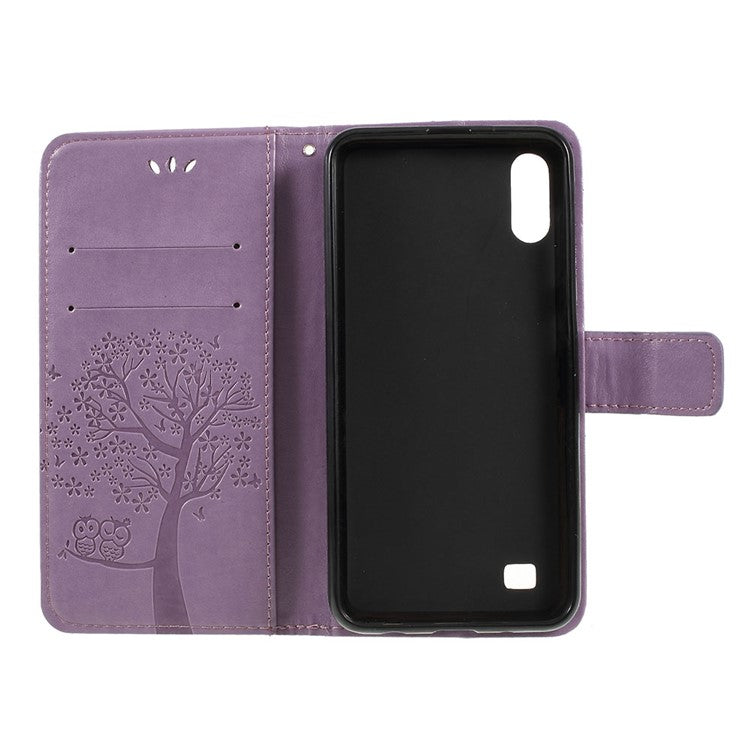 Imprint Tree Owl Magnetic Wallet PU Leather Cover with Stand for Samsung Galaxy A10 - Light Purple