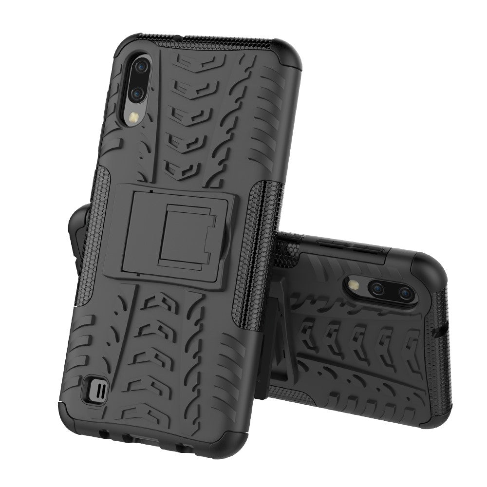 2-in-1 Tyre Pattern PC + TPU Hybrid Mobile Phone Case with Kickstand for Samsung Galaxy M10 / A10 - All Black
