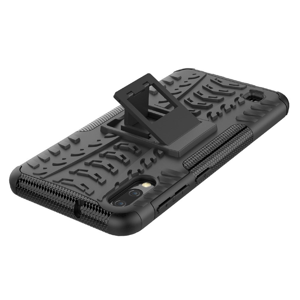 2-in-1 Tyre Pattern PC + TPU Hybrid Mobile Phone Case with Kickstand for Samsung Galaxy M10 / A10 - All Black