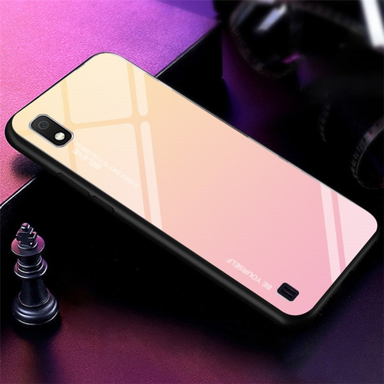 Gradient Color Glass + PC + TPU Hybrid Case for Samsung Galaxy A10 - Gold / Pink