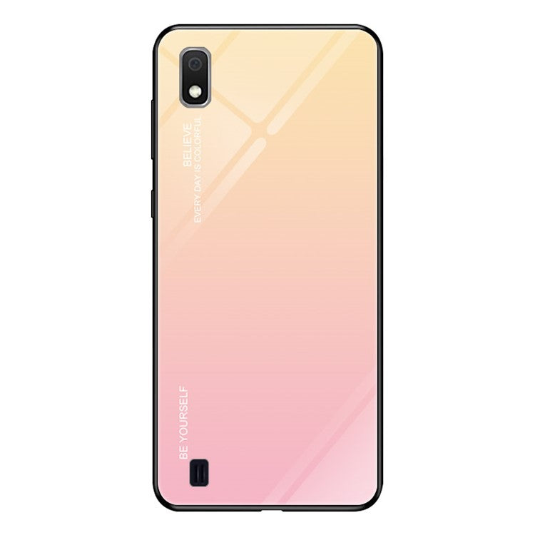 Gradient Color Glass + PC + TPU Hybrid Case for Samsung Galaxy A10 - Gold / Pink