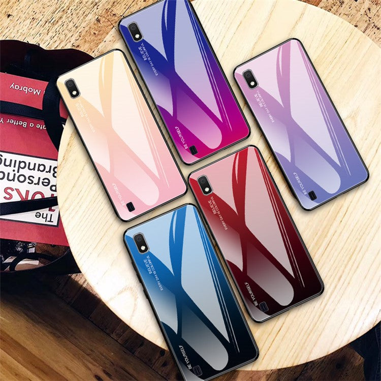 Gradient Color Glass + PC + TPU Hybrid Case for Samsung Galaxy A10 - Gold / Pink