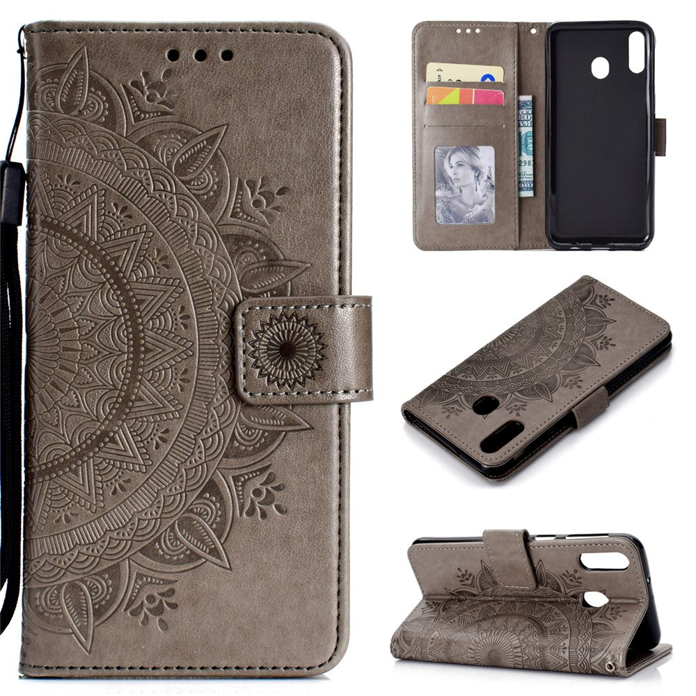 Imprint Flower Leather Wallet Case for Samsung Galaxy M20 - Grey