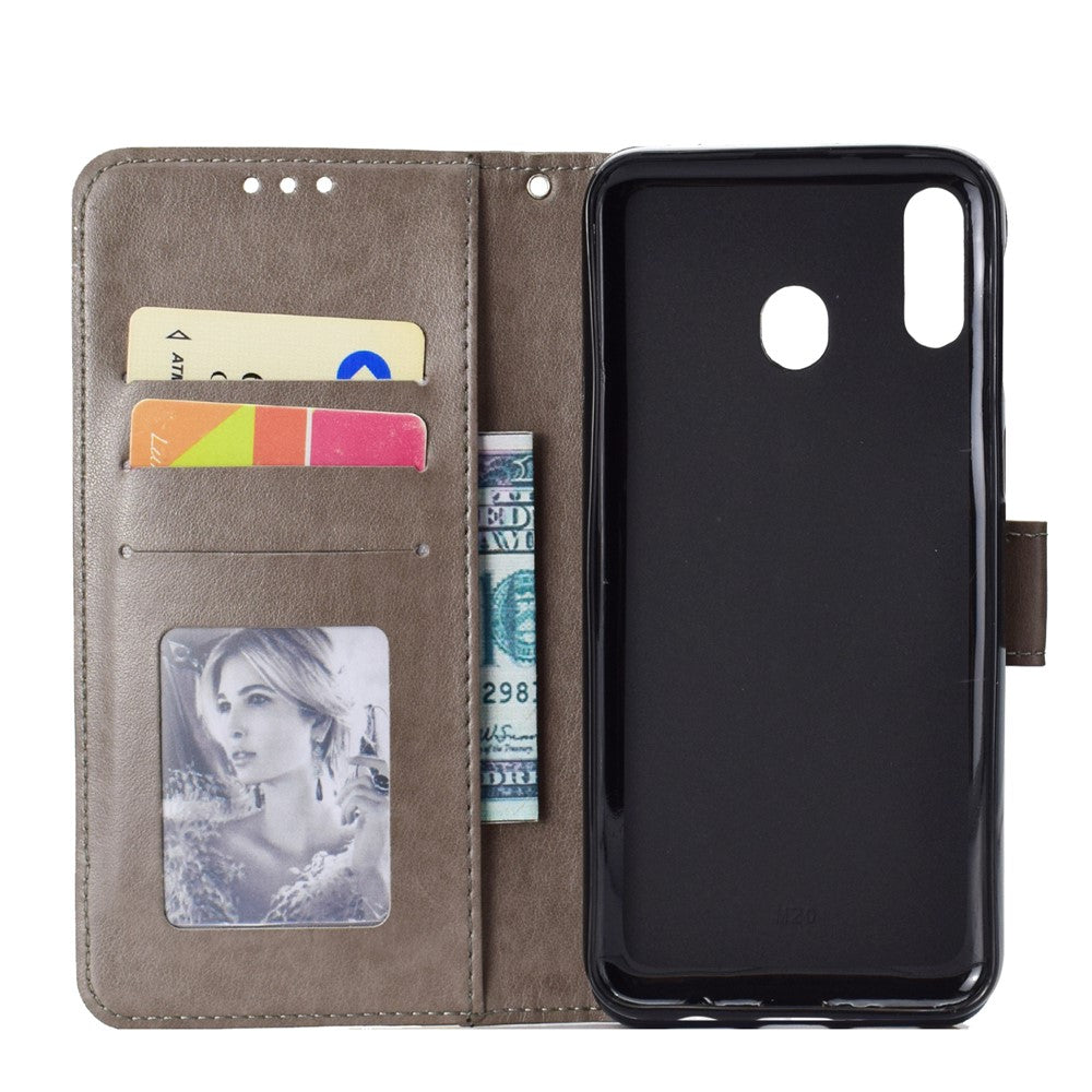 Imprint Flower Leather Wallet Case for Samsung Galaxy M20 - Grey