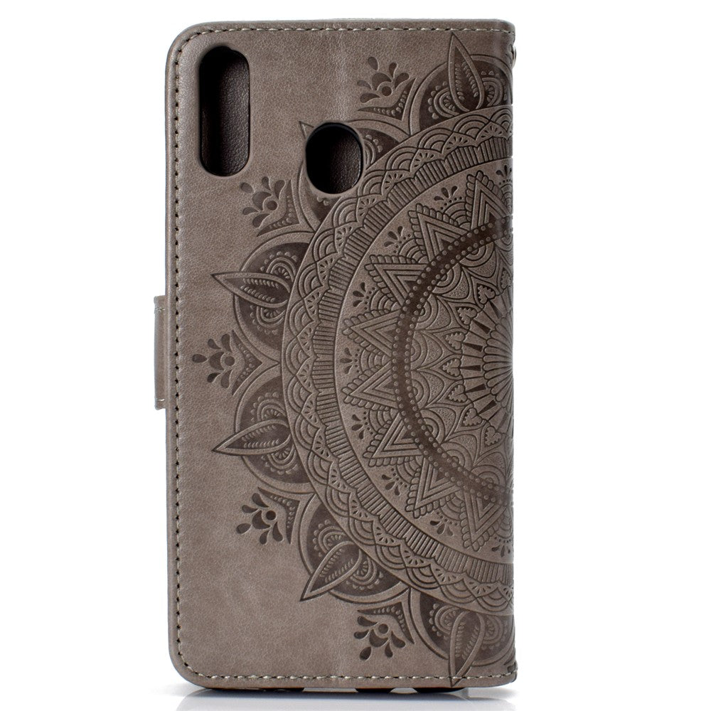 Imprint Flower Leather Wallet Case for Samsung Galaxy M20 - Grey