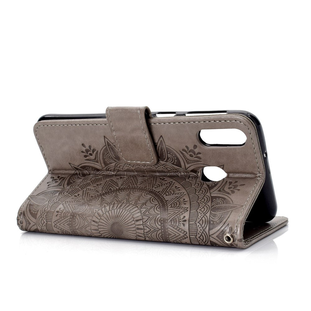 Imprint Flower Leather Wallet Case for Samsung Galaxy M20 - Grey