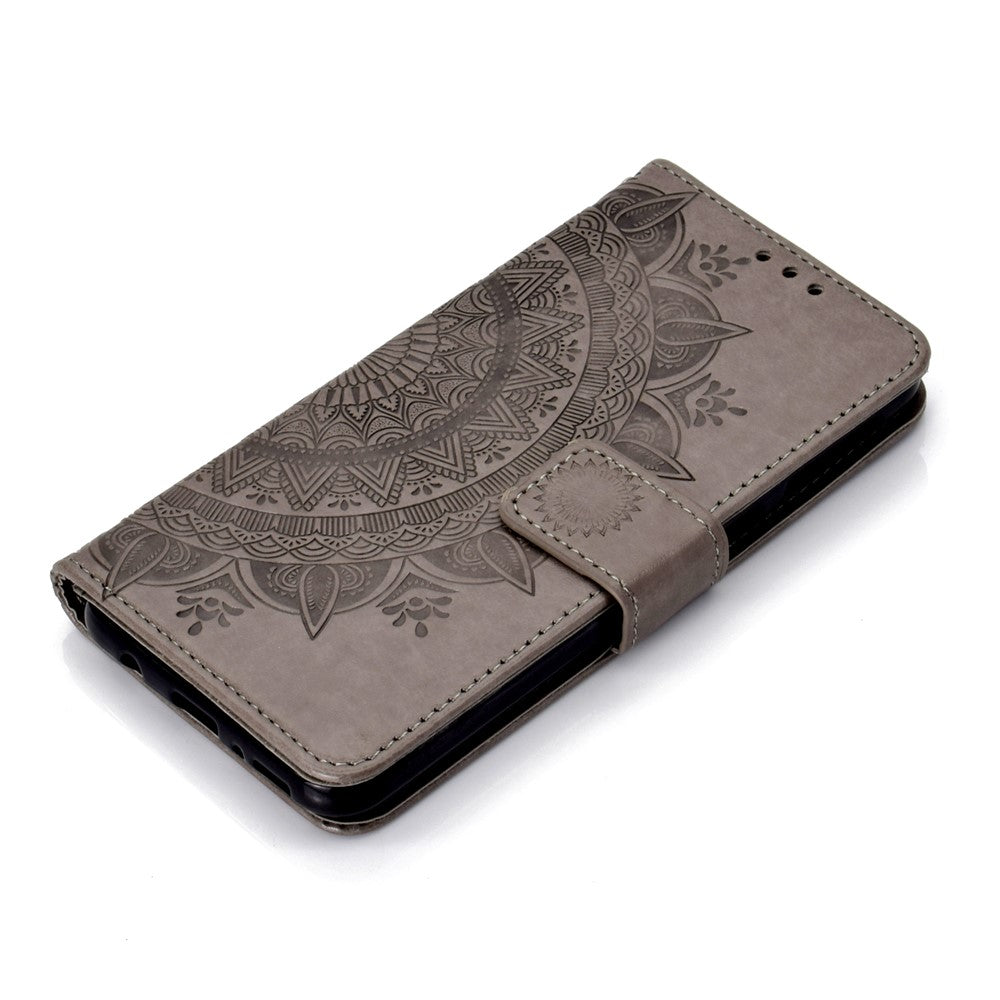 Imprint Flower Leather Wallet Case for Samsung Galaxy M20 - Grey