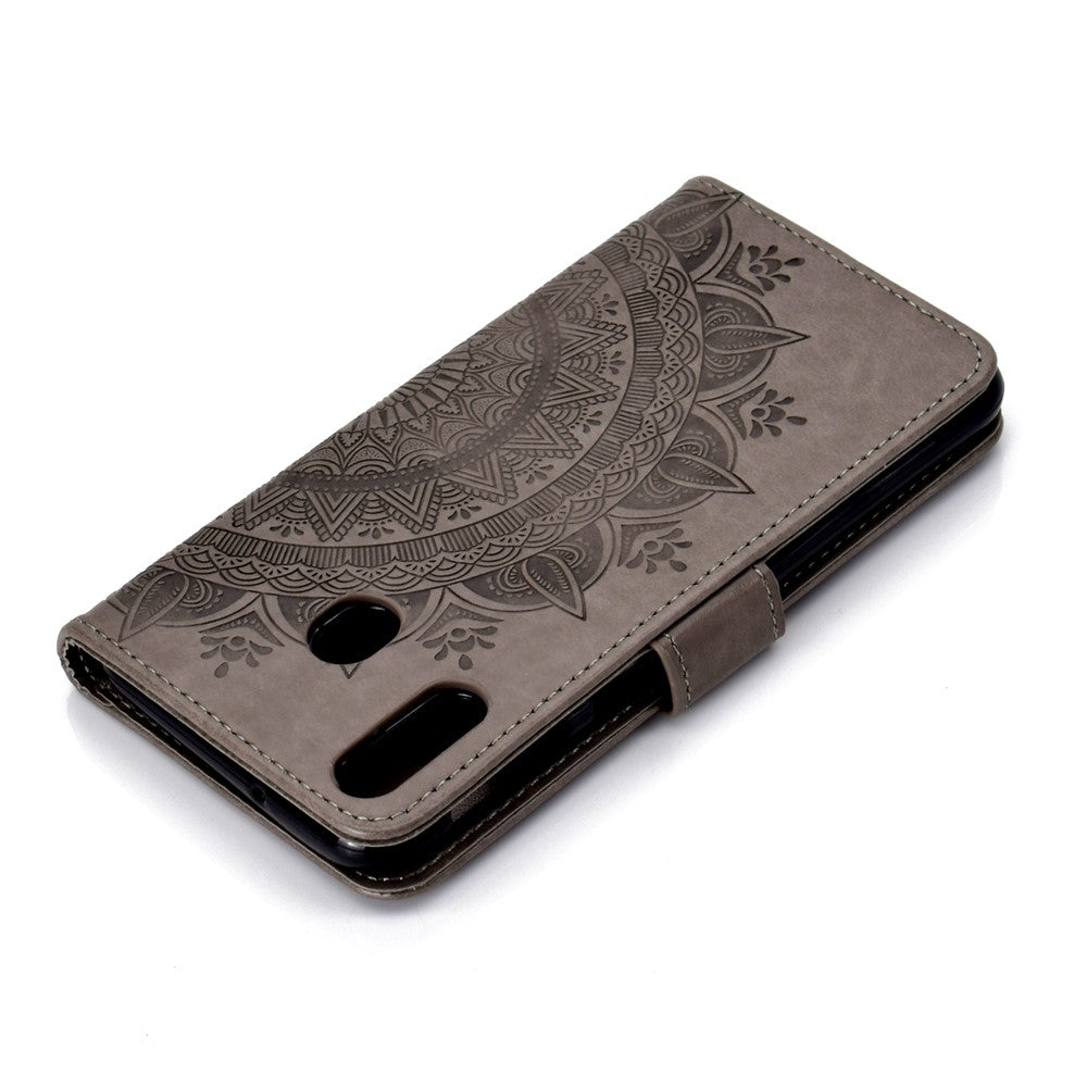 Imprint Flower Leather Wallet Case for Samsung Galaxy M20 - Grey