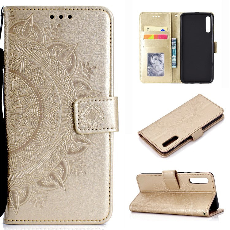 Imprint Flower Leather Wallet Case for Samsung Galaxy A70 - Gold