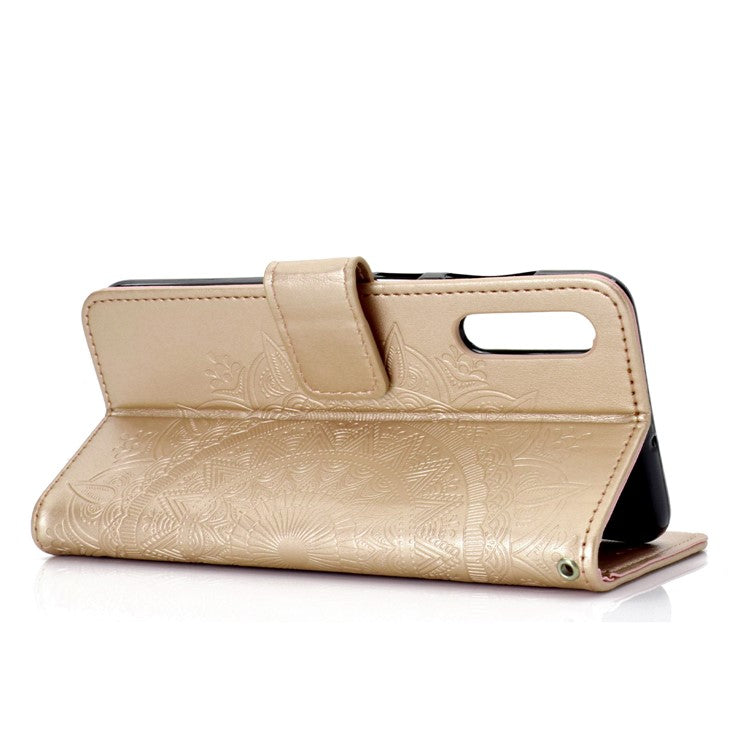 Imprint Flower Leather Wallet Case for Samsung Galaxy A70 - Gold