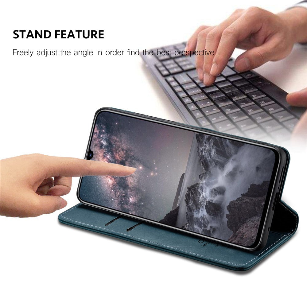 CASEME 013 Series Auto-absorbed Leather Wallet Phone Cover for Samsung Galaxy M20 - Blue