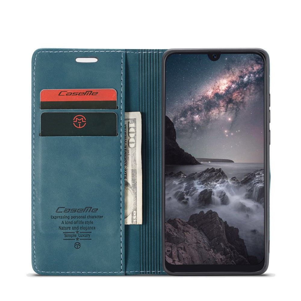 CASEME 013 Series Auto-absorbed Leather Wallet Phone Cover for Samsung Galaxy M20 - Blue