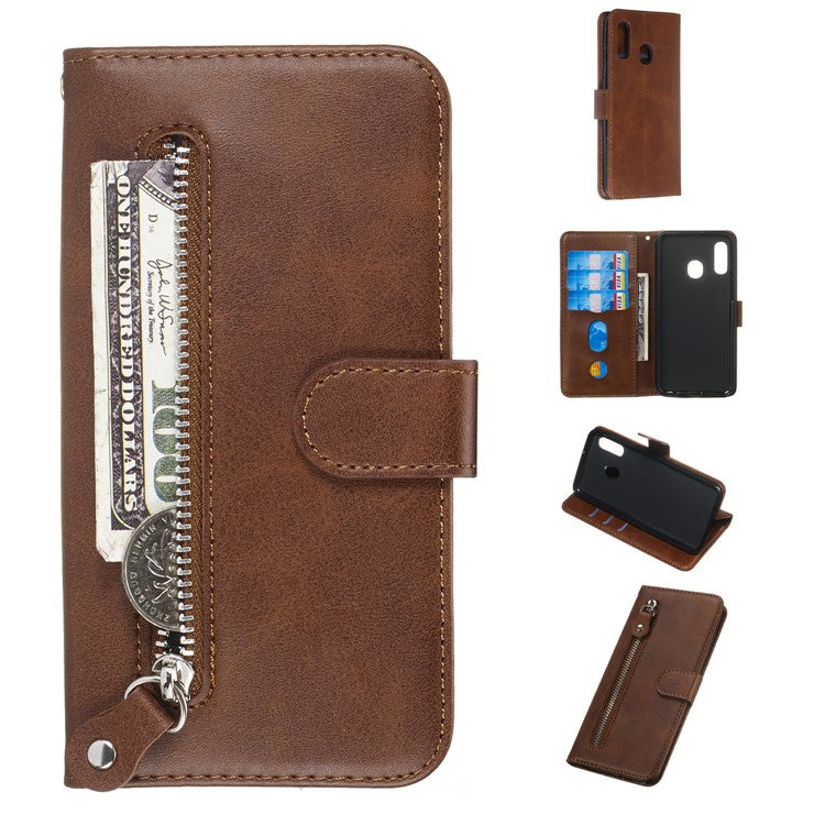 Zipper Pocket Wallet Stand Flip Leather Phone Shell for Samsung Galaxy A20e - Brown