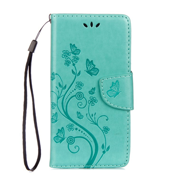 Imprint Butterfly Flower PU Leather Wallet Case for Samsung Galaxy Xcover 4s - Cyan