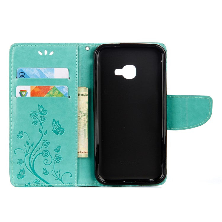 Imprint Butterfly Flower PU Leather Wallet Case for Samsung Galaxy Xcover 4s - Cyan