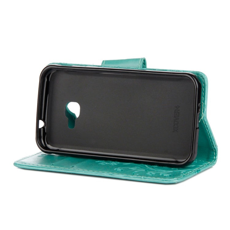 Imprint Butterfly Flower PU Leather Wallet Case for Samsung Galaxy Xcover 4s - Cyan