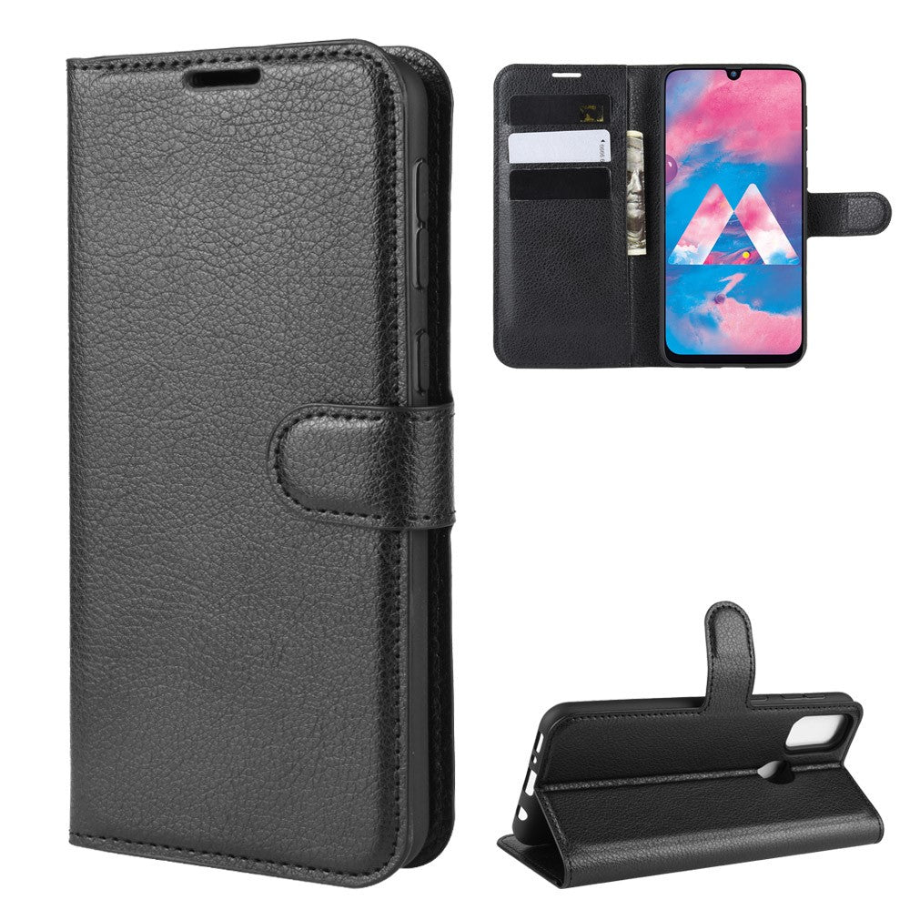 Litchi Skin Leather Stand Phone Shell Wallet Case for Samsung Galaxy M21 / M30s - Black