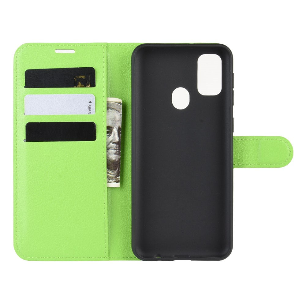 Litchi Skin Leather Stand Phone Shell Wallet Case for Samsung Galaxy M21 / M30s - Green